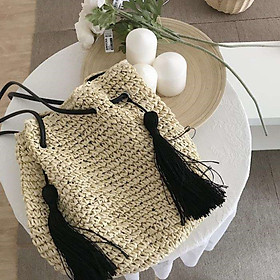 Túi cói đi biển túi tote phong các Vintage boho, có tua rua đen