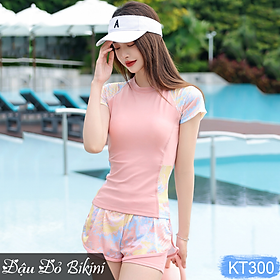 Bộ bơi nữ dáng áo thun ngắn tay quần short đùi 2 lớp kín đáo, có sẵn đệm ngực tròn, thiết kế trẻ trung, dấu bụng tốt, chất thun bơi Hàn cao cấp | KT300