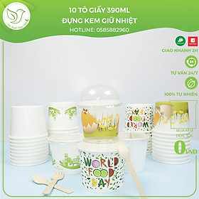 Mua 10 Tô giấy đựng kem 390ml nhiều hình sắc nét kèm nắp dùng 1 lần giữ nhiệt thân thiện với môi trường