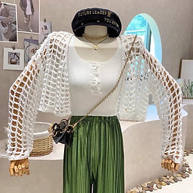 Sét áo len nữ gồm áo khoác lưới mắt to Croptop và áo 2 dây khuy hàng QC