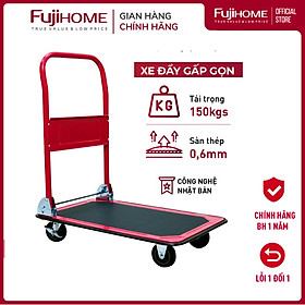 Xe đẩy hàng 4 bánh gấp gọn sàn thép FUJIHOME nhập khẩu, xe kéo hàng xếp gọn, bánh xe có chốt hãm - hàng chính hãng