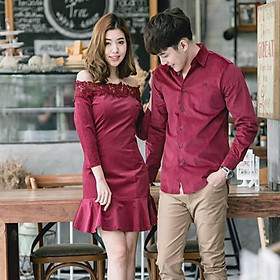 SET áo váy bệt vai đuôi cá sơ mi đôi, chất vải đẹp màu đỏ đô AV23
