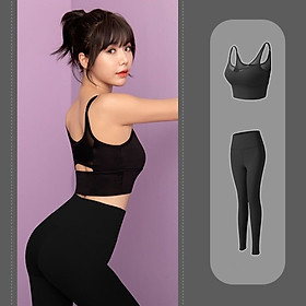 Quần Áo Tập Gym, Yoga, Aerobic Nữ, Bộ Đồ Gym 2 Món Quần Dài Và Áo Bra Đen Chất Thun Phối Lưới Quyến Rũ
