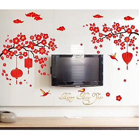 Decal trang trí tết - Cành Mai đỏ lồng đèn chữ HPNY vàng ánh