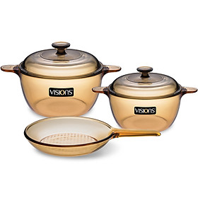 Mua Bộ Nồi Thủy Tinh 2 Nồi  2 Nắp & 1 Chảo Tay Cầm Visions VS-350