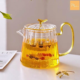 Bình thủy tinh pha trà hoa chịu nhiệt kèm lõi lọc sọc quai vàng