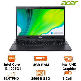 Máy Tính Xách Tay Laptop Acer A315-57-379K - Intel core i3-1005G1/4GB/256GB SSD/15.6" FHD/BT4/Win11SL/Black - Hàng Chính Hãng