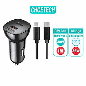 Bộ Củ Sạc Ô Tô CHOETECH 36W, 2 Cổng Type-C PD 20WTC0008 V2 + Cáp Type C to C 1M 30W CC0002-V2 - Hàng Chính Hãng