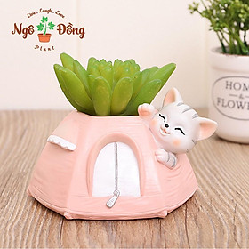 Chậu Cây Để Bàn Dễ Thương Hình Chú Mèo Cắm Trại Trong Lều Trồng Sen Đá Xương Rồng Trang Trí Văn Phòng