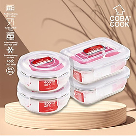 Bộ 4 hộp thủy tinh  2 hộp chữ nhật 370ml + 2 hộp tròn 400ml đựng thực phẩm COBA'COOK - CCR4L34