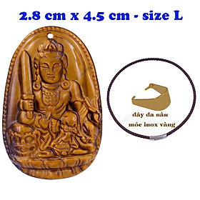 Mặt Phật Văn thù đá mắt hổ 4.5 cm kèm vòng cổ dây da nâu - mặt dây chuyền size lớn - size L, Mặt Phật bản mệnh
