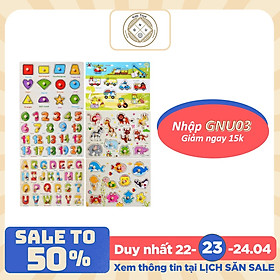 COMBO 6 bảng ghép hình núm gỗ(Giao thông, Hình học, Chữ, Số, Thú rừng, Thú biển)