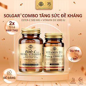 Combo Tăng Đề Kháng - Solgar Vitamin D3 1000 IU + Ester C , Vitamin C Thế Hệ Mới, Tăng Sức Đề Kháng, Miễn Dịch