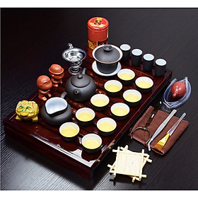 Bộ ấm trà sứ có khay đựng gỗ cổ điển phong cách Nhật Bản