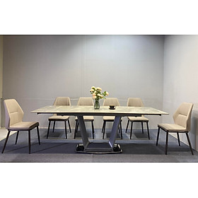 Bộ bàn ghế phòng ăn Tundo mặt đá ceramic, chân inox mạ titan kèm 6 ghế kevin