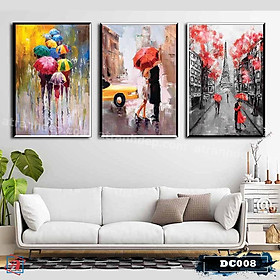 Bộ 3 tranh canvas treo tường sơn dầu decor Paris – đôi tình nhân – DC008