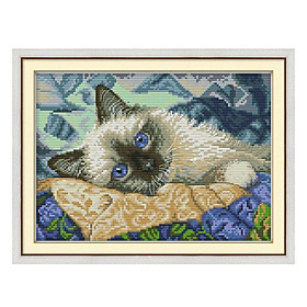 Handmade Ribbon Embroidery Cat Painting Kit Stamped Cross Stitch