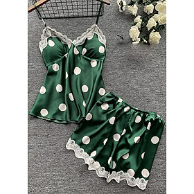 Bộ đồ ngủ nữ quần đùi áo 2 dây chất phi lụa chấm bi BN43