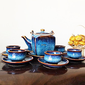 Bộ Ấm trà Vuông Men Xanh Hoả Biến ACTX5 Cao Cấp - Bộ ấm chén trà gốm sứ Bát Tràng