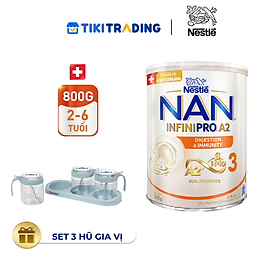 Sữa bột NAN INFINIPRO A2 800g Thụy Sĩ 3 với đạm quý A2 tiêu hóa tốt sau 7 ngày và 6HMO tăng cường đề kháng + Tặng Set 3 hũ nha vị (2 - 6 tuổi)