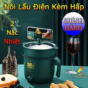 Nồi Lẩu Điện 2 NẤC NHIỆT Kèm Giá Hấp Có Tay Cầm Tiện Dụng 1,8L Ca Nấu Mỳ Mini 2 Tầng Cao Cấp