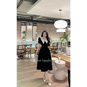 Váy đầm nhung nữ tay bồng phối cổ sen kiểu dáng thanh lịch duyên dáng thời thượng