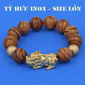 Vòng chuỗi đeo tay gỗ huỳnh đàn 15 ly ( size lớn ) charm tỳ hưu và bi inox, vòng tay chuỗi hạt