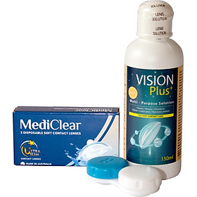 COMBO A Một Cặp Kính Áp Tròng Australia Cận Thị Mediclear 3 Tháng  Nước Ngâm  Khay Đựng - 1.75