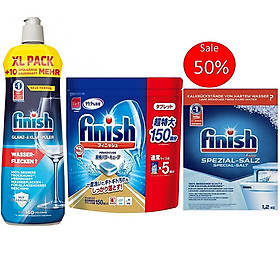 Nước làm bóng Finish 1150ml, dung dịch dầu làm bóng bát finish dùng cho máy rửa bát chén 1150ml, 800ml, 750ml, 1500ml - Combo 150 viên  muối 1.2kg  bóng 800ml