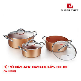 Bộ Nồi Bếp Từ Super Chef Tráng Men Gốm Ceramic Chống Dính An Toàn Sức Khỏe Không Bong Tróc, Hạn Chế Trầy Siêu Bền Bỉ, Dày Dặn Chín Đều Thơm Ngon ( 3 cái 16-20-24Cm)