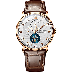 Đồng hồ nam chính hãng Lobinni LB11023G-T1,hàng mới,Kính sapphire chống xước,chống nước 50m ,mặt trắng vỏ vàng hồng dây kim loại thép không gỉ 316L ,Đồng hồ cơ (Automatic) ,BH 24 tháng,thiết kế sun and moon sang trọng