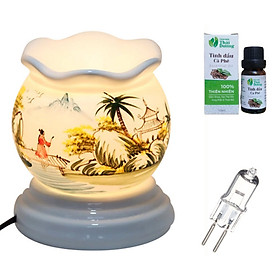 Đèn Xông Tinh Dầu Bát Tràng Gốm Sứ Thấu Quang Cỡ Lớn Size 14x14cm Với Thiết Kế Hoa Văn Đẹp Mắt + TẶNG KÈM 1 Lọ Tinh Dầu Nguyên Chất + 1 Bóng Đèn Dự Phòng