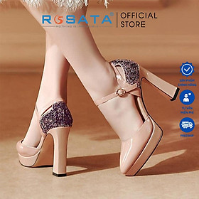 Giày cao gót ROSATA RO374 ( BẢO HÀNH 12 THÁNG ) mũi nhọn quai hậu phối kim tuyến khóa cài dây mảnh gót cao 9 phân - Da