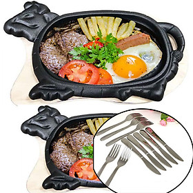 Mua Bộ 2 Chảo Gang Bò Né Chống Dính + 2 Đế Gỗ + 2 Dao + 2 Nĩa Loại Tốt