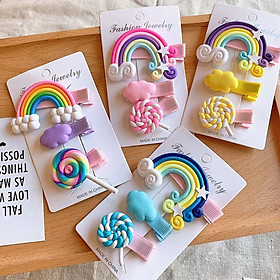 Set 5 Kẹp tóc Hoa Lá, Cây, Cầu Vồng, Kẹo Mút, Que Kem Dễ Thương Cho Bé