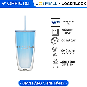 Mua Ly nhựa 2 lớp Lock&Lock màu xanh trắng HAP522BLU 750ml - Hàng chính hãng  có ống hút  có nắp đậy - JoyMall