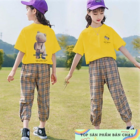 Set bộ thể thao bé gái size đại áo in gấu thun cotton quần caro bo lai cá