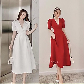 Hình ảnh ĐẦM DỰ TIỆC CỔ TIM - MIDI XÒE TAY PHỒNG - TRẮNG ĐỎ HỒNG - GD069