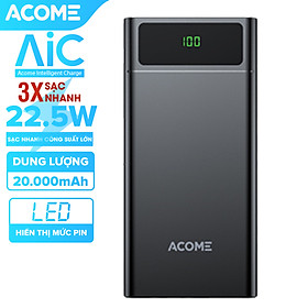 Pin Sạc Dự Phòng 20.000mAh ACOME AP201 – Sạc Nhanh Chuẩn PD + QS 3.0, Công Suất 22.5W, Màn Hình LED Hiển Thị Pin - HÀNG CHÍNH HÃNG
