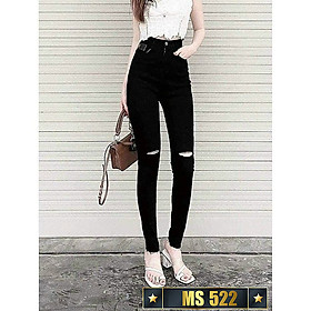 Quần jean nữ lưng cao rách gối màu đen chất jean Cotton co giãn mặc tôn dáng và thoải mái MS522