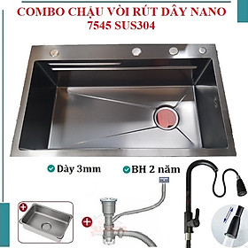 Mua Chậu rửa bát inox304 chống xước 7546 nano đen dày 3li  vòi rửa bát nóng lạnh rút dây nano  bộ xả  khay inox  dụng cụ rửa ly cốc  bình rửa bát