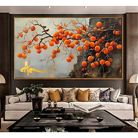 Tranh treo tường canvas cành hồng may mắn và chữ an phòng khách quà tặng kèm đinh