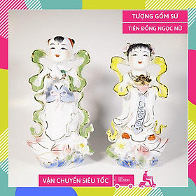 Mua Cặp tượng Tiên Đồng Ngọc Nữ trên bàn thờ Phật gốm sứ vẽ màu sắc siêu đẹp - Cao 26cm