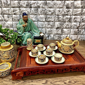 Mua Bộ ấm chén gốm Bát Tràng quai vuông khắc nổi hoa phù dung