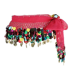 Womens Waist Chain Hip Skirt Scarf with Sequins Tassel Coins Rose Red