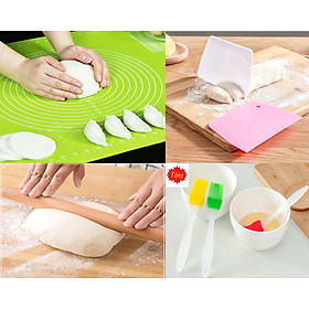 Mua Combo tấm lót nhào bột chống dính silicone 40x50cm cán lăn bột gỗ 28cm và miếng vét bột 13.5cm-Tặng cọ quét gia vị