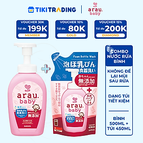 Combo Nước rửa bình thảo mộc cho bé Arau Baby Bình 500ml + Túi 450ml