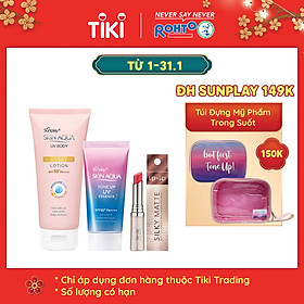 Bộ sản phẩm da trắng hồng trong suốt dành cho da thường/da khô (Tinh chất chống nắng 50g + Lotion chống nắng dưỡng thể 150g) + Tặng son trang điểm Lip On Lip Silky Matte 2.2g