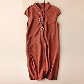 Đầm suông cổ trụ linen, chất vải linen tự nhiên mềm mát, thời trang phong cách Hàn
