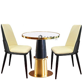 Bộ bàn ghế sảnh tiếp khách chân mạ màu vàng Bộ bàn tròn mặt đá 2 ghế có nệm hiện đại HCM SL BEACON-06EC / ECO 14A